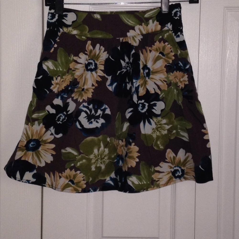 Brown flowered skirt.
